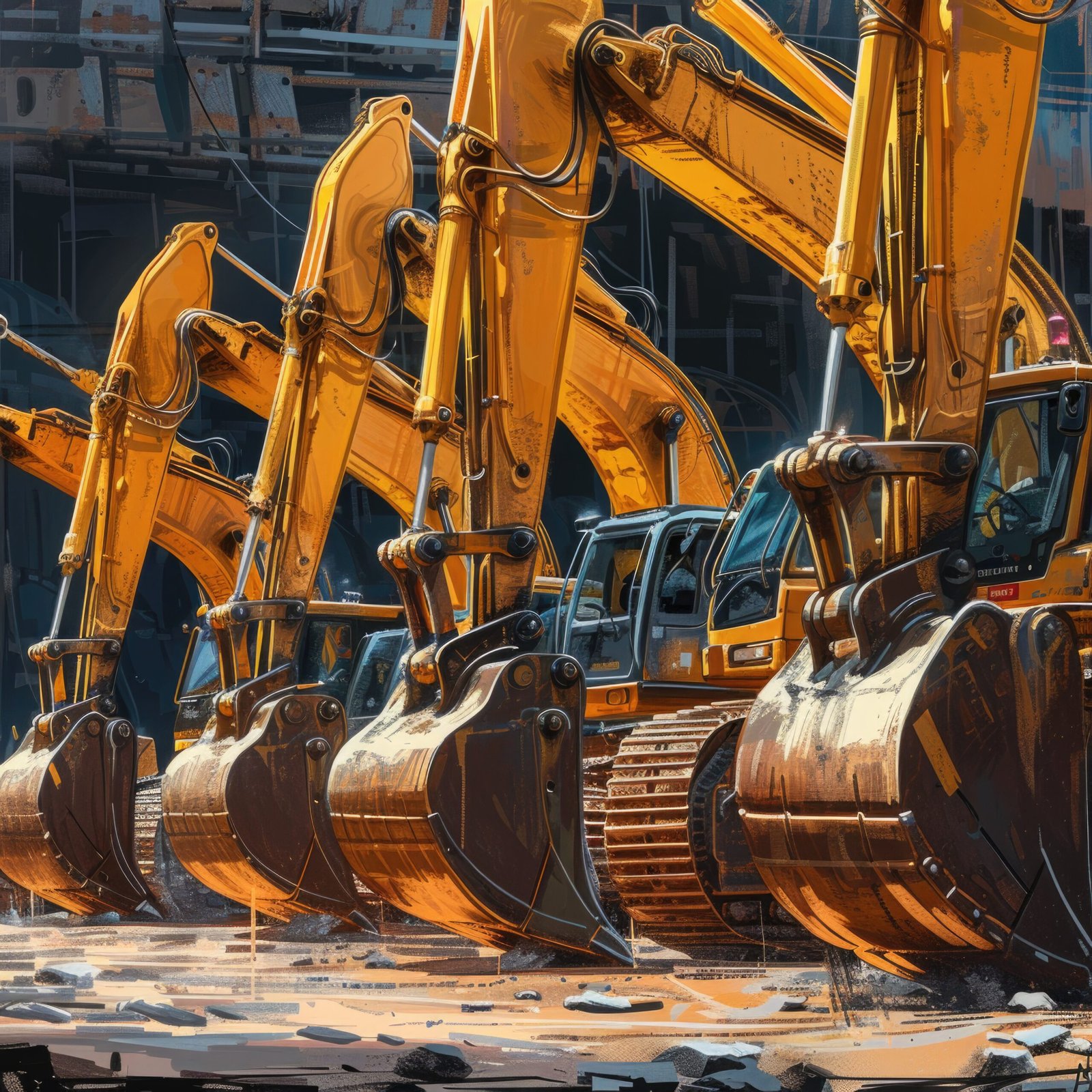 yellow and brown construction equipment in row, in the style of slawomir maniak, dynamic, chrome-plated, kerem beyit, push processing, orange and azure, high definition --v 6 Job ID: 653aa023-83fa-46fc-889a-5f2a3cf3f343